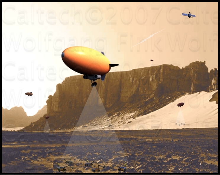 Rovers on the ground, blimps overhead in the air, and a satellite overflying the scene in a tier-scalable planetary setting.
