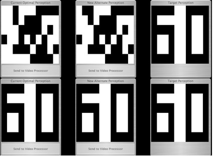 Two current and alternate pixelated perceptions of the number sixty, and the predefined target perception.